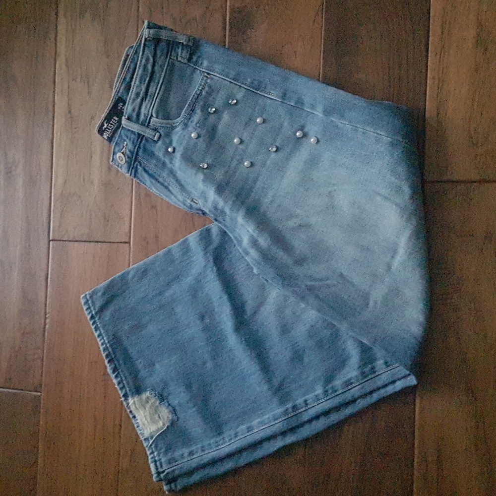 Hollister High Rise Culotte Distressed Embellished Light Wash Jeans Size 0R